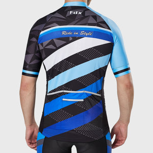 Fdx blue & black men’s full zip best short sleeves cycling jersey Hi-Viz Reflective details breathable summer lightweight biking top, skin friendly Hi-Viz Reflective half sleeves cycling shirt for indoor & outdoor riding with two back pockets