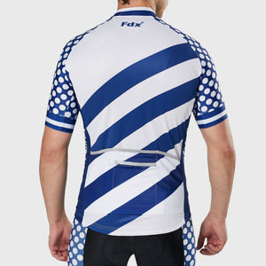 Men’s blue & white full zip best Fdx short sleeves cycling jersey Hi-Viz Reflective details breathable summer lightweight biking top, skin friendly Hi-Viz Reflective half sleeves cycling shirt for indoor & outdoor riding with two back pockets  