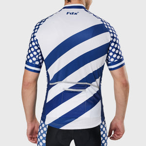 Men’s blue & white full zip best Fdx short sleeves cycling jersey Hi-Viz Reflective details breathable summer lightweight biking top, skin friendly Hi-Viz Reflective half sleeves cycling shirt for indoor & outdoor riding with two back pockets