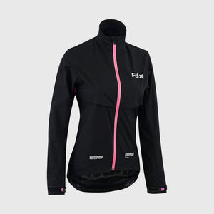 FDX Women Best Black & Pink Cycling Jacket Waterproof, Full Length Zip, hi viz reflective details velcro strips Windbreaker & Pocket - Evex