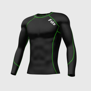 Fdx Mens Black & Green Long Sleeve Compression Top & Compression Tights Base Layer Gym Training Jogging Yoga Fitness Body Wear - Thermolinx