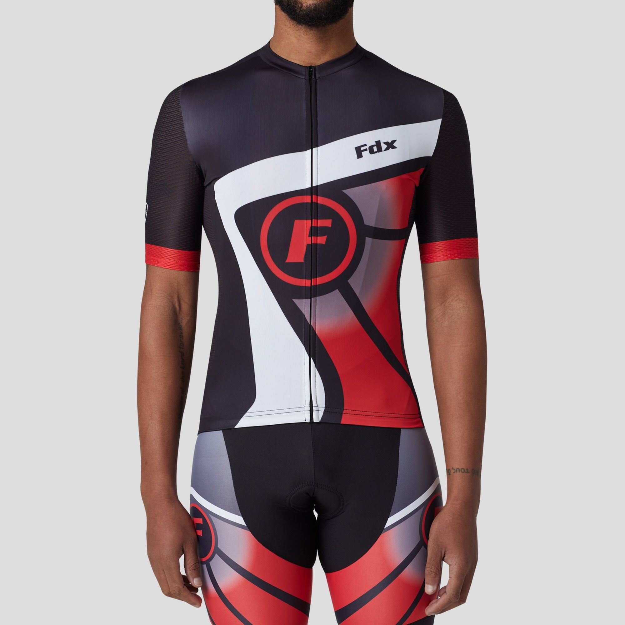 Fdx men’s black & red best short sleeves cycling jersey breathable lightweight hi-viz Reflective details summer biking top, full zip skin friendly half sleeves mesh cycling shirt for indoor & outdoor riding with two back & 1 zip pockets