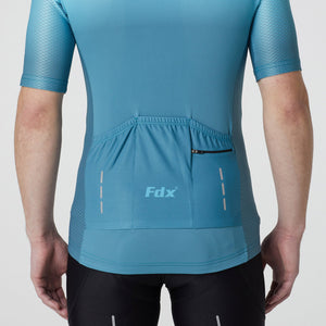  Blue Fdx Men’s  full zip best short sleeves cycling jersey indoor & outdoor Hi-Viz Reflective details breathable summer lightweight biking top, skin friendly Hi-Viz Reflective half sleeves cycling mesh shirt for riding with two back pockets 