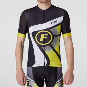 Fdx black & yellow men’s best short sleeves cycling jersey breathable lightweight hi-viz Reflective details summer biking top, skin friendly full zip half sleeves mesh cycling shirt for indoor & outdoor riding with two back & 1 zip pockets