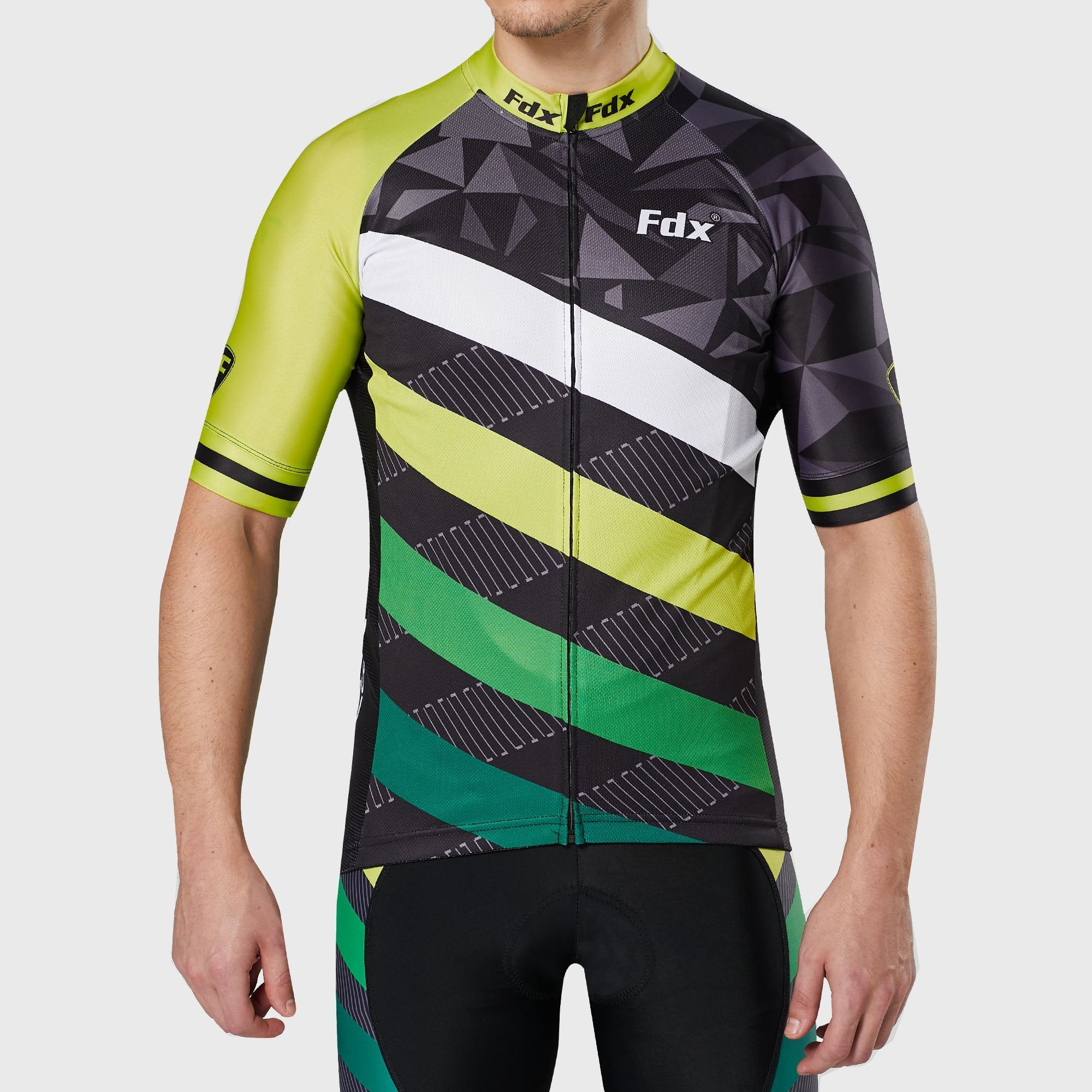 Fdx yellow & black men’s full zip best short sleeves cycling jersey Hi-Viz Reflective details breathable summer lightweight biking top, skin friendly Hi-Viz Reflective half sleeves cycling shirt for indoor & outdoor riding with two back pockets