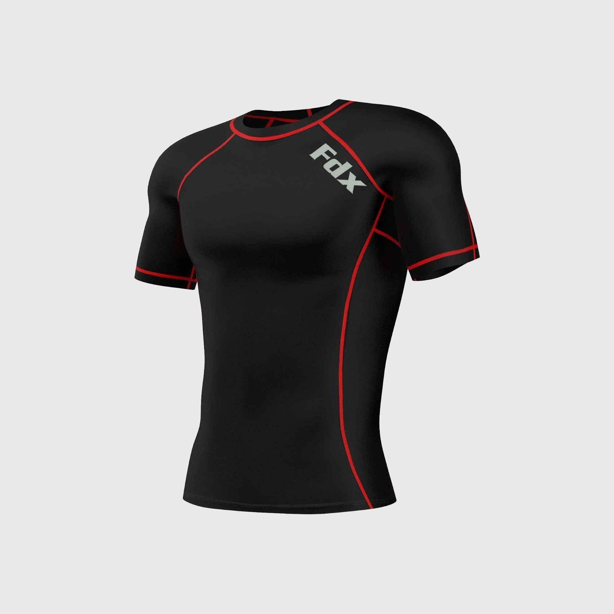 Fdx Men's Black & Red Short Sleeve Compression Top Running Gym Workout Wear Rash Guard Stretchable Breathable Base layer Shirt - Cosmic