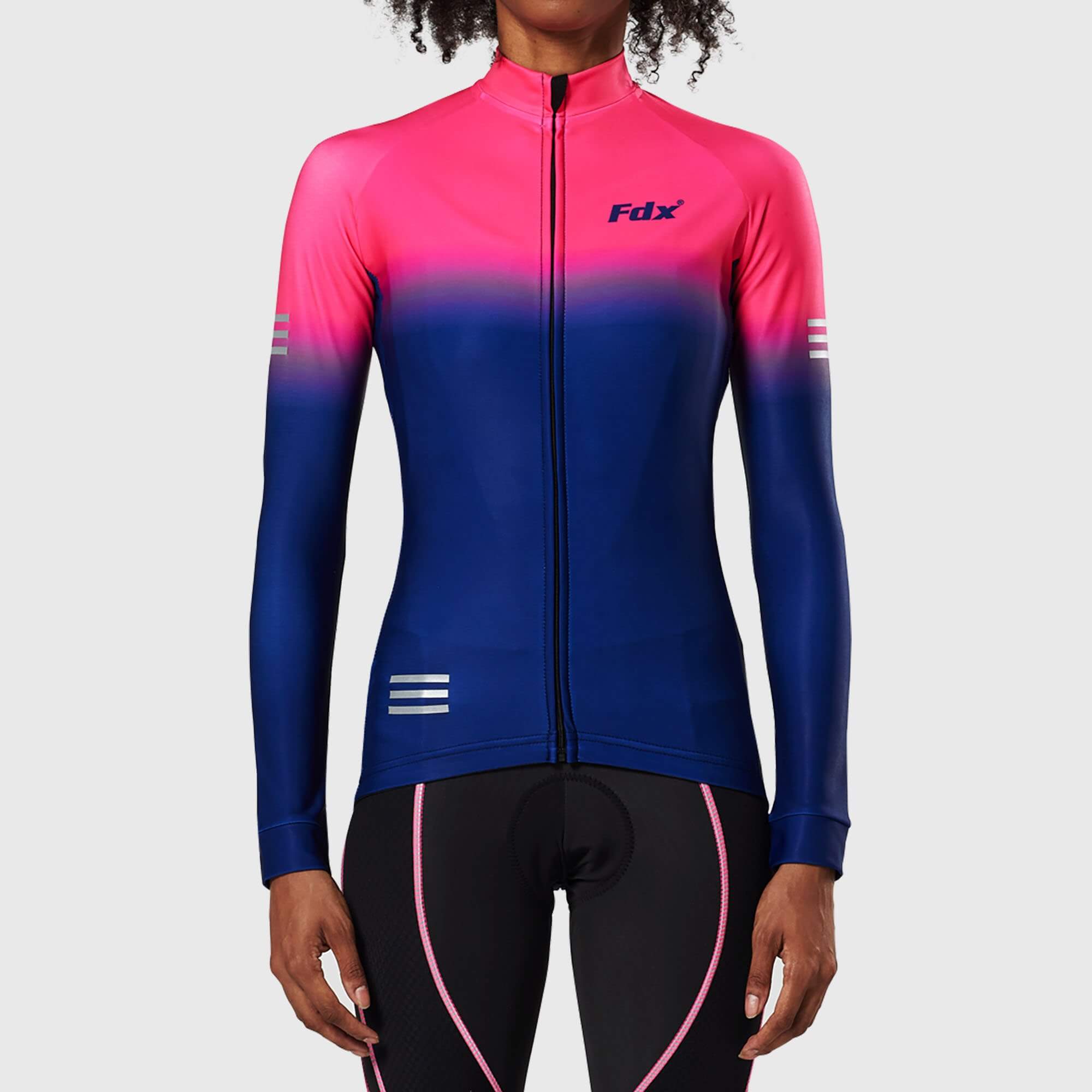 Fdx Women's Pink & Blue Long Sleeve Cycling Jersey & Gel Padded Bib Tights Pants for Winter Roubaix Thermal Fleece Road Bike Wear Windproof, Hi-viz Reflectors & Pockets - Duo