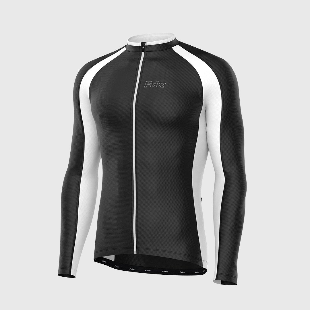 Fdx Black & White best Men's Long Sleeve Cycling Jersey for Winter Roubaix Thermal Fleece Road Bike Wear Top Full Zipper, Pockets & Reflective Details - Transition