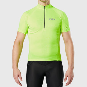 Fdx Yellow men’s best short sleeves cycling jersey breathable lightweight hi-viz Reflective details summer biking top, full zip skin friendly half sleeves mesh cycling shirt for indoor & outdoor riding with two back & 1 zip pockets