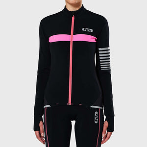 Women's Black & Pink Winter Cycling Suit, Windproof Thermal Super Roubaix fleece Clothing, Lightweight Set, Long Sleeve Jersey with 3D Padded Bib Tights