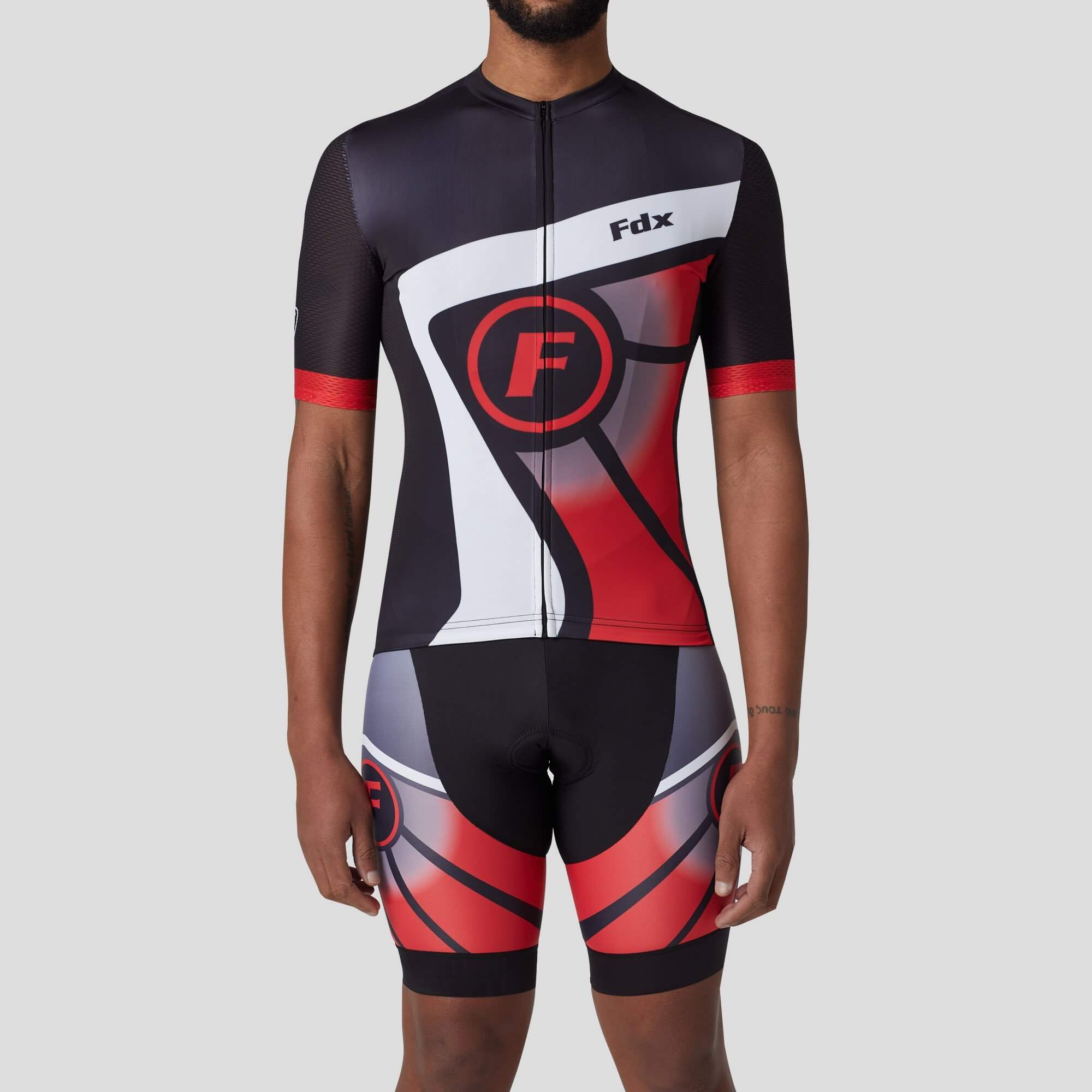 Fdx Mens Black & Red Short Sleeve Cycling Jersey & Gel Padded Bib Shorts Best Summer Road Bike Wear Light Weight, Hi-viz Reflectors & Pockets - Signature