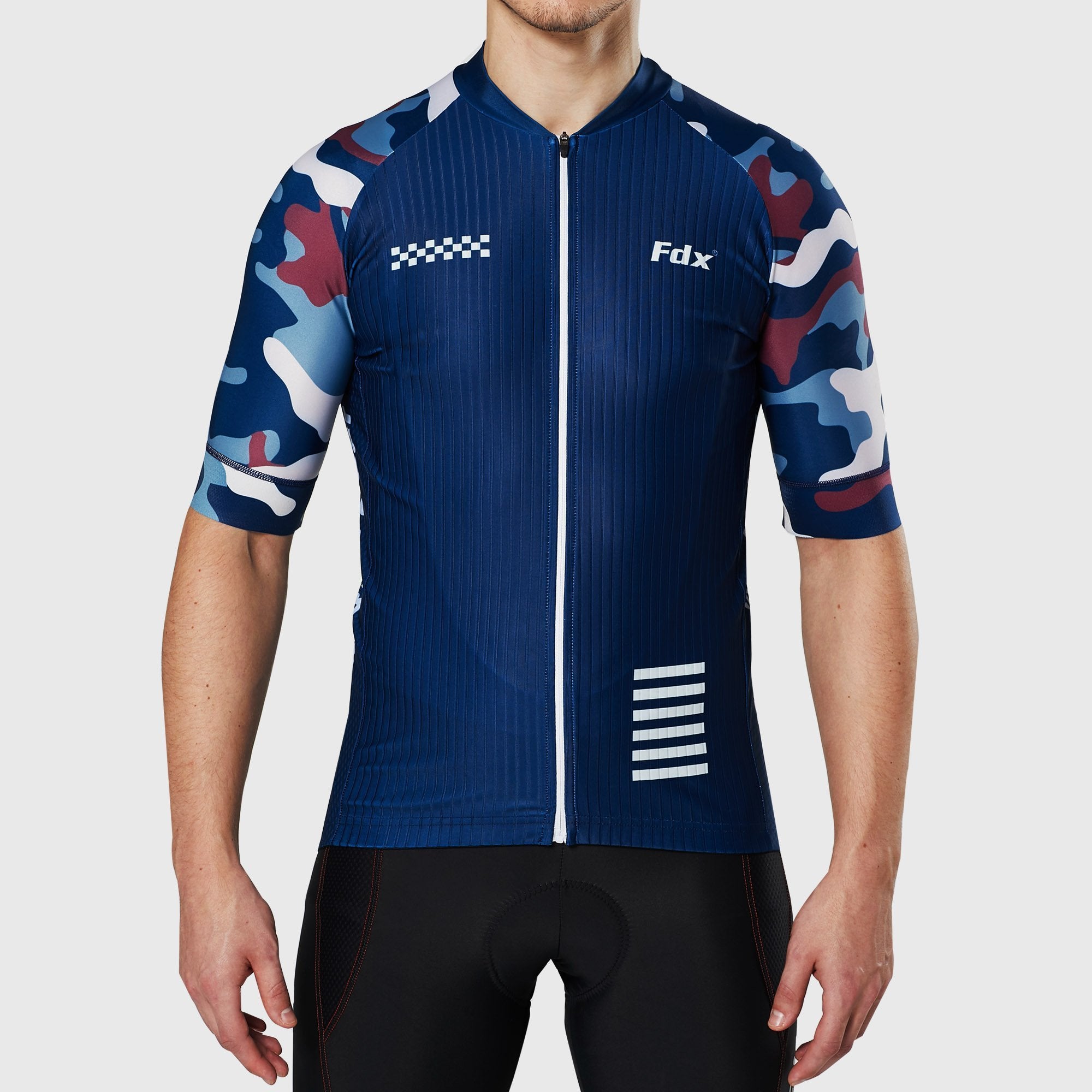 Fdx Men's Blue Camo Short Sleeve Cycling Jersey Best Summer Road Bike Wear Light Weight, Hi-viz Reflectors & Pockets - Camouflage
