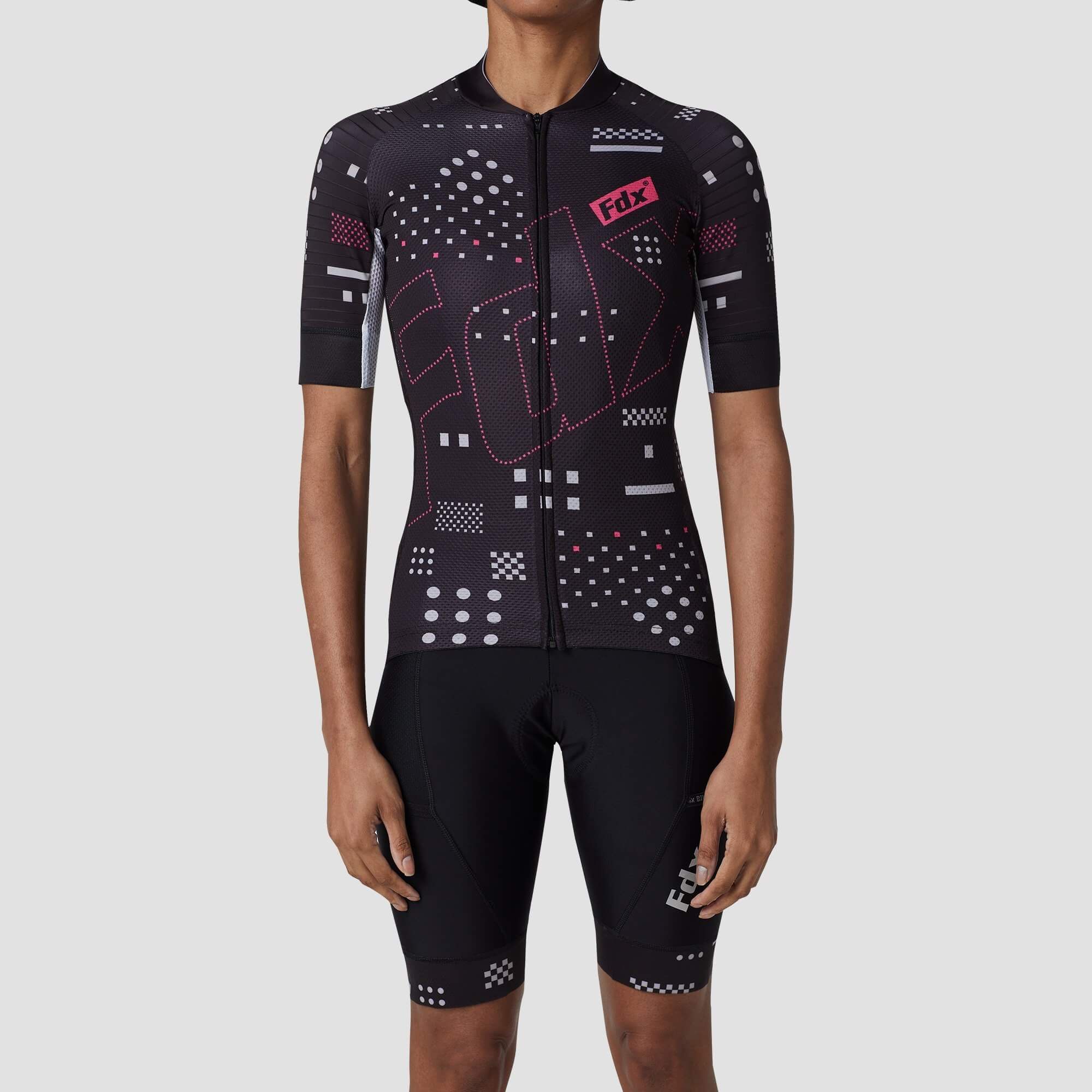 Fdx Women's Black Short Sleeve Cycling Jersey & Gel Padded Bib Shorts Best Summer Road Bike Wear Light Weight, Hi-viz Reflectors & Pockets - All Day
