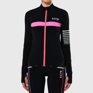 Women’s Black & Pink full sleeves cycling jersey windproof warm Roubaix winter biking top, lightweight long sleeves thermal fleece shirt for bike riding