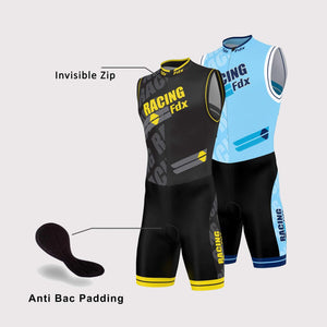 Fdx Mens Black, Blue & Yellow Sleeveless Gel Padded Triathlon / Skin Suit for Summer Cycling Wear, Running & Swimming Half Zip - Core