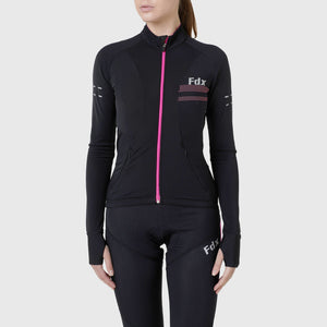 Women’s Black & Pink full sleeves cycling jersey windproof warm Roubaix winter biking top, lightweight long sleeves thermal fleece shirt for bike riding