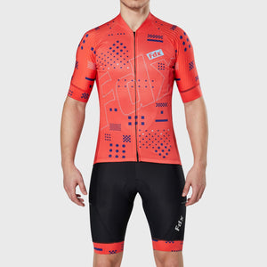 Fdx Mens red Half Sleeve Cycling Jersey & Gel Padded Bib Shorts Best Summer Road Bike Wear Light Weight, Hi-viz Reflectors & Pockets - All Day