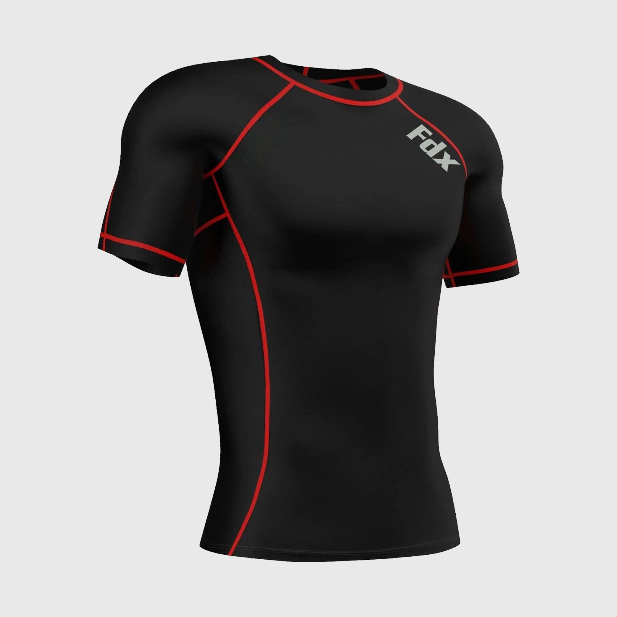 Fdx Men's Black & Red Short Sleeve Compression Top Running Gym Workout Wear Rash Guard Stretchable Breathable Base layer Shirt - Cosmic