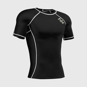 Fdx Men's Black & White Short Sleeve Compression Top Running Gym Workout Wear Rash Guard Stretchable Breathable Base layer Shirt - Cosmic