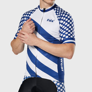 Men’s blue & white full zip best short sleeves cycling jersey Hi-Viz Reflective details breathable summer lightweight biking top, skin friendly Hi-Viz Reflective half sleeves cycling shirt for indoor & outdoor riding with two back pockets - Fdx 