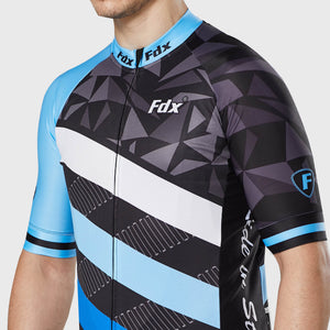 Fdx blue & black men’s full zip best short sleeves cycling jersey Hi-Viz Reflective details breathable summer lightweight biking top, skin friendly Hi-Viz Reflective half sleeves cycling shirt for indoor & outdoor riding with two back pockets