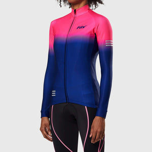 Fdx Women's Blue & Pink Long Sleeve Cycling Jersey & Cushion Padded Bib Tights Pants for Winter Roubaix Thermal Fleece Road Bike Wear Windproof, Hi viz Reflectors & Pockets - Duo