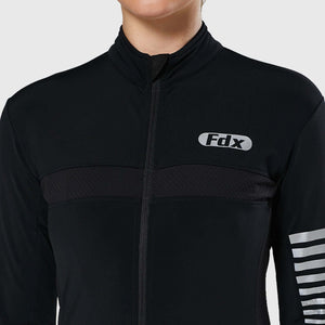 Women's Black Winter Cycling Suit, Windproof warm Roubaix fleece Clothing, Lightweight bike Set thumb whole cuffs, Long Sleeve Jersey with 3D Padded Bib Tights