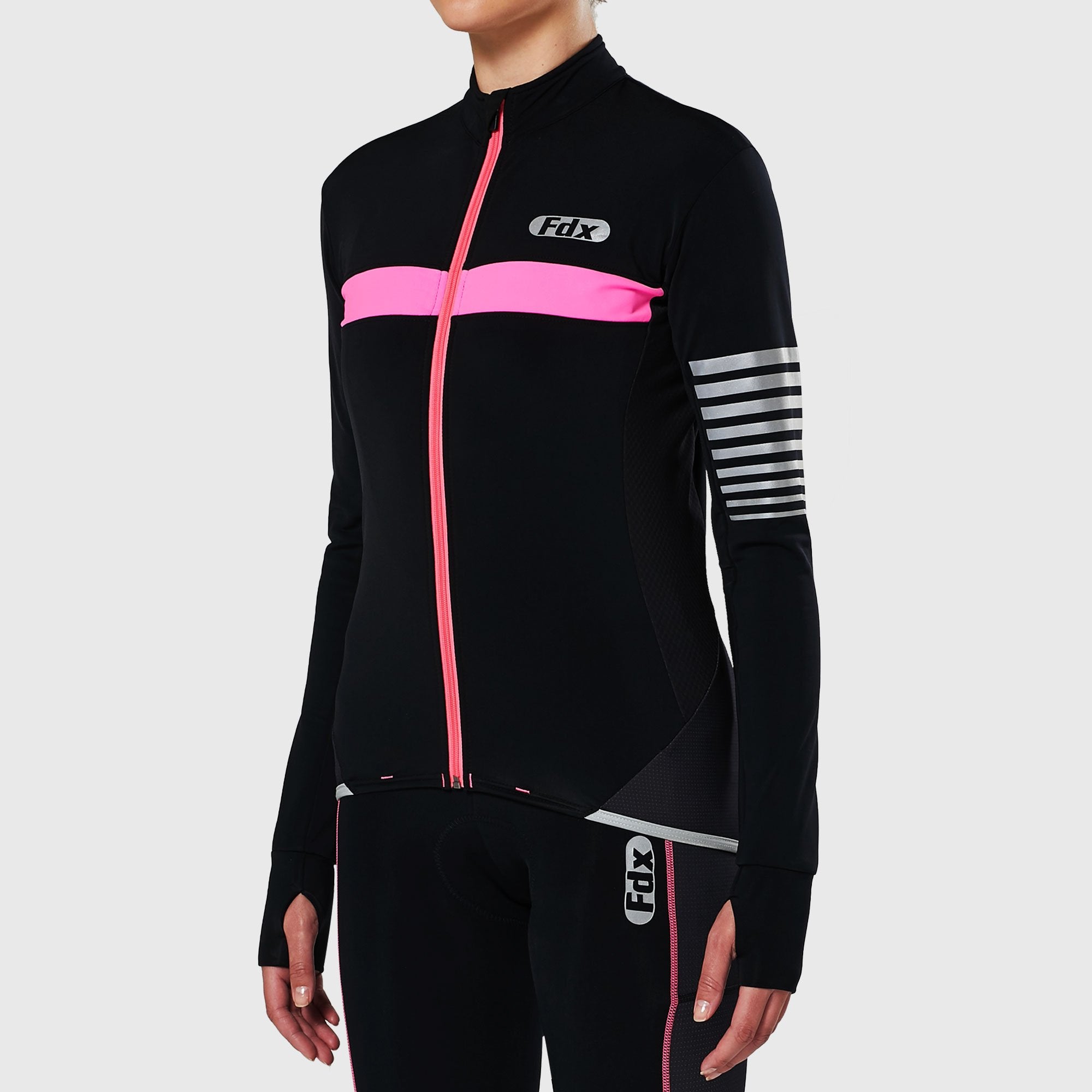 Fdx Best Women's Black & Pink Long Sleeve Cycling Jersey for Winter Roubaix Thermal Fleece Shirt Road Bike Wear Top Full Zipper, Lightweight  Pockets & Hi viz Reflectors - All Day