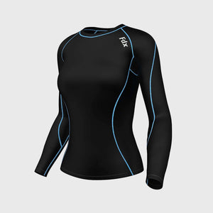 Fdx Women's Long Sleeve Compression Top Black & Sky Blue Base Layer Gym Training Jogging Yoga Fitness Body Wear - Monarch