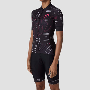 Fdx Women's Black Short Sleeve Cycling Jersey & Gel Padded Bib Shorts Best Summer Road Bike Wear Light Weight, Hi viz Reflectors & Pockets - All Day