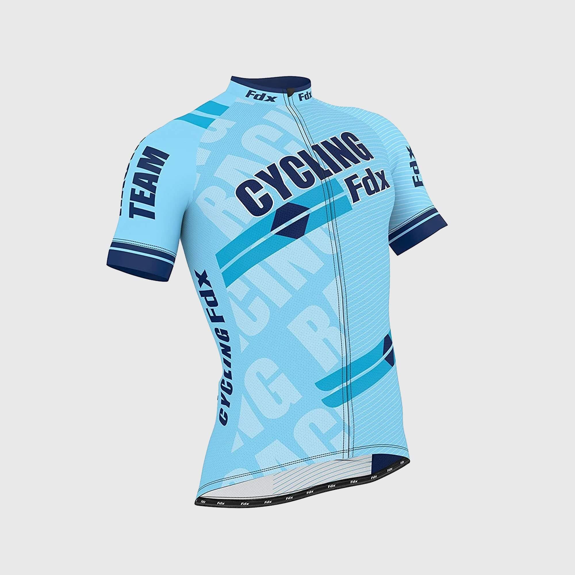 Fdx Mens Blue Short Sleeve Cycling Jersey & Gel Padded Bib Shorts Best Summer Road Bike Wear Light Weight, Hi-viz Reflectors & Pockets - Core