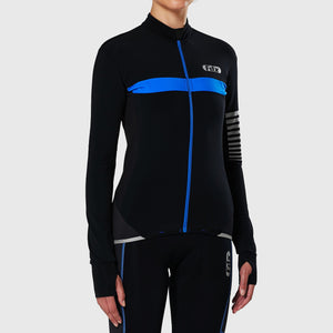 Fdx Women's Black & Blue Long Sleeve Cycling Jersey for Winter Roubaix Thermal Fleece Road Bike Wear Top Full Zipper, Pockets & Hi-viz Reflectors - All Day