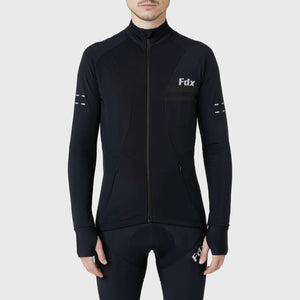 Fdx Mens Black Long Sleeve Cycling Jersey for Winter Roubaix Thermal Fleece Road Bike Wear Top Full Zipper, Pockets & Hi-viz Reflectors - Arch