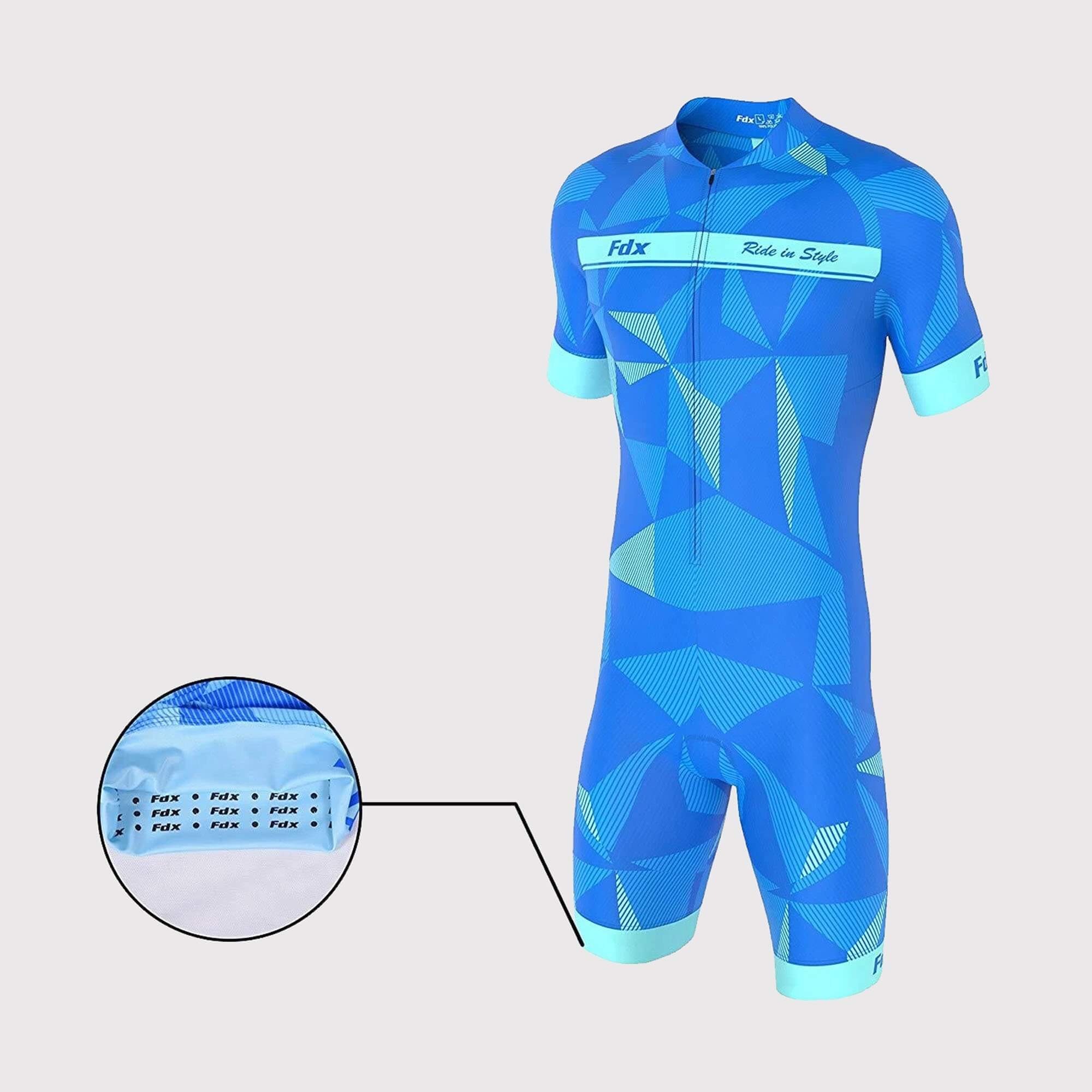 Fdx Mens Blue Short Sleeve Gel Padded Triathlon / Skin Suit for Summer Cycling Wear, Running & Swimming Half Zip - Splinter