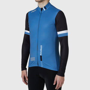 FDX Black & Blue Long Sleeve Cycling Jersey for Men's Winter Roubaix Thermal Fleece Road Bike Wear Top Full Zipper, Pockets & Hi viz Reflectors - Limited Edition