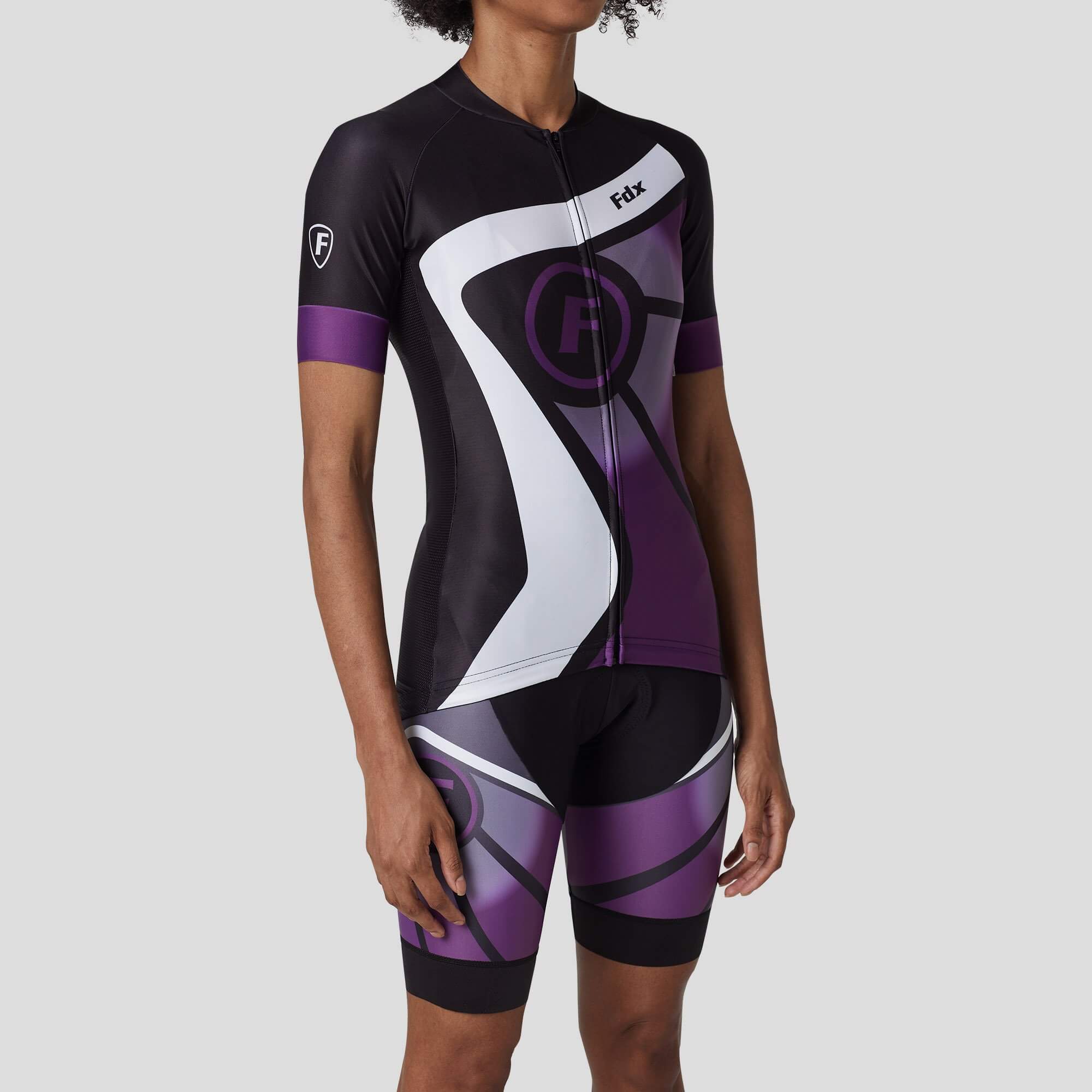 Fdx Women's Black & Purple Short Sleeve Cycling Jersey & Gel Padded Bib Shorts Best Summer Road Bike Wear Light Weight, Hi viz Reflectors & Pockets - Signature