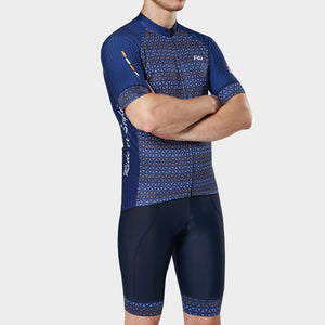 Fdx Mens Blue Sleeve Cycling Jersey & Gel Padded Bib Shorts Blue Best Summer Road Bike Wear Light Weight, Hi-viz Reflectors & Pockets - Vega