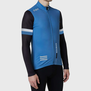 Fdx Best Mens Black & Blue Long Sleeve Cycling Jersey for Winter Roubaix Thermal Fleece Road Bike Wear Top Full Zipper, Pockets & Hi-viz Reflectors - Limited Edition