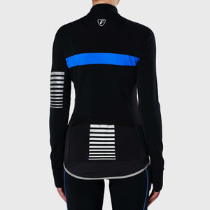 FDX Black & Blue Women's Winter Cycling Suit, Windproof Thermal Roubaix fleece Jersey, Lightweight Clothing Set, Long Sleeve top with 3D Padded Mesh Bib Tights mesh