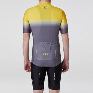 Fdx Yellow & Grey Mens Summer Short Sleeve Cycling Jersey lightweight Fabric, Bib Short Hi Viz Reflectors & Zip Pocket Cycling Clothing Australia