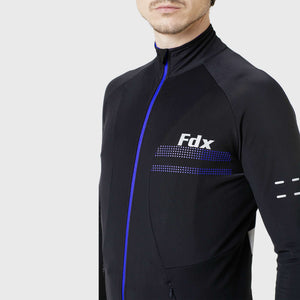Fdx Men's Black & Blue Best Long Sleeve Cycling Jersey for Winter Roubaix Thermal Fleece Road Bike Wear Top Full Zipper, Pockets & Hi viz Reflectors - Arch