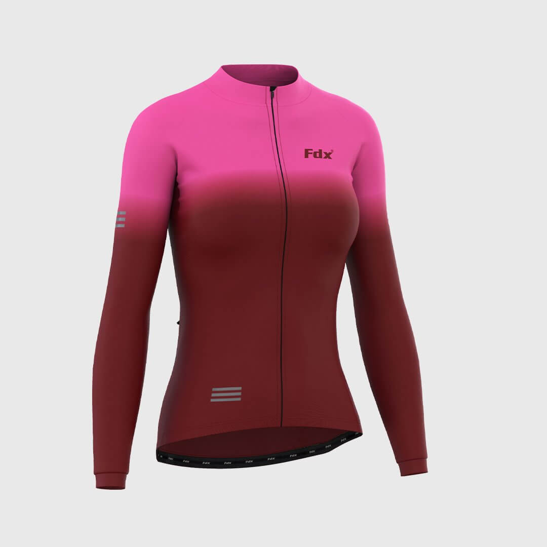 Fdx Women's Pink & Maroon Long Sleeve Cycling Jersey & Gel Padded Bib Tights Pants for Winter Roubaix Thermal Fleece Road Bike Wear Windproof, Hi-viz Reflectors & Pockets - Duo