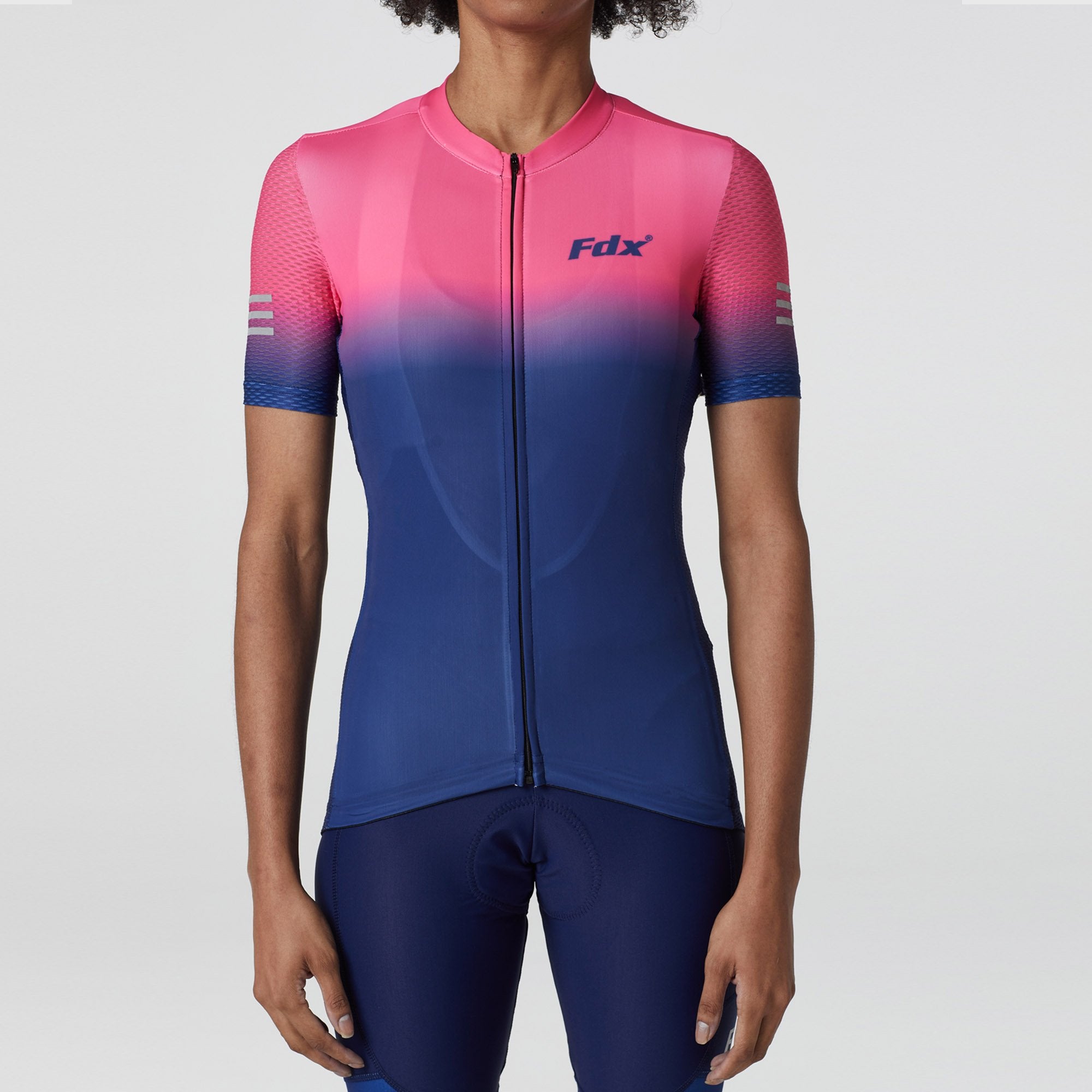 Fdx Women's Blue & Pink Short Sleeve Cycling Jersey for Summer Best Road Bike Wear Top Light Weight, Full Zipper, Pockets & Hi-viz Reflectors - Duo