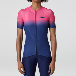 Fdx Women's Blue & Pink Short Sleeve Cycling Jersey Breathable Quick Dry Mesh Fleece Full Zip Hi Viz Reflectors & Pockets Summer Cycling Gear AU
