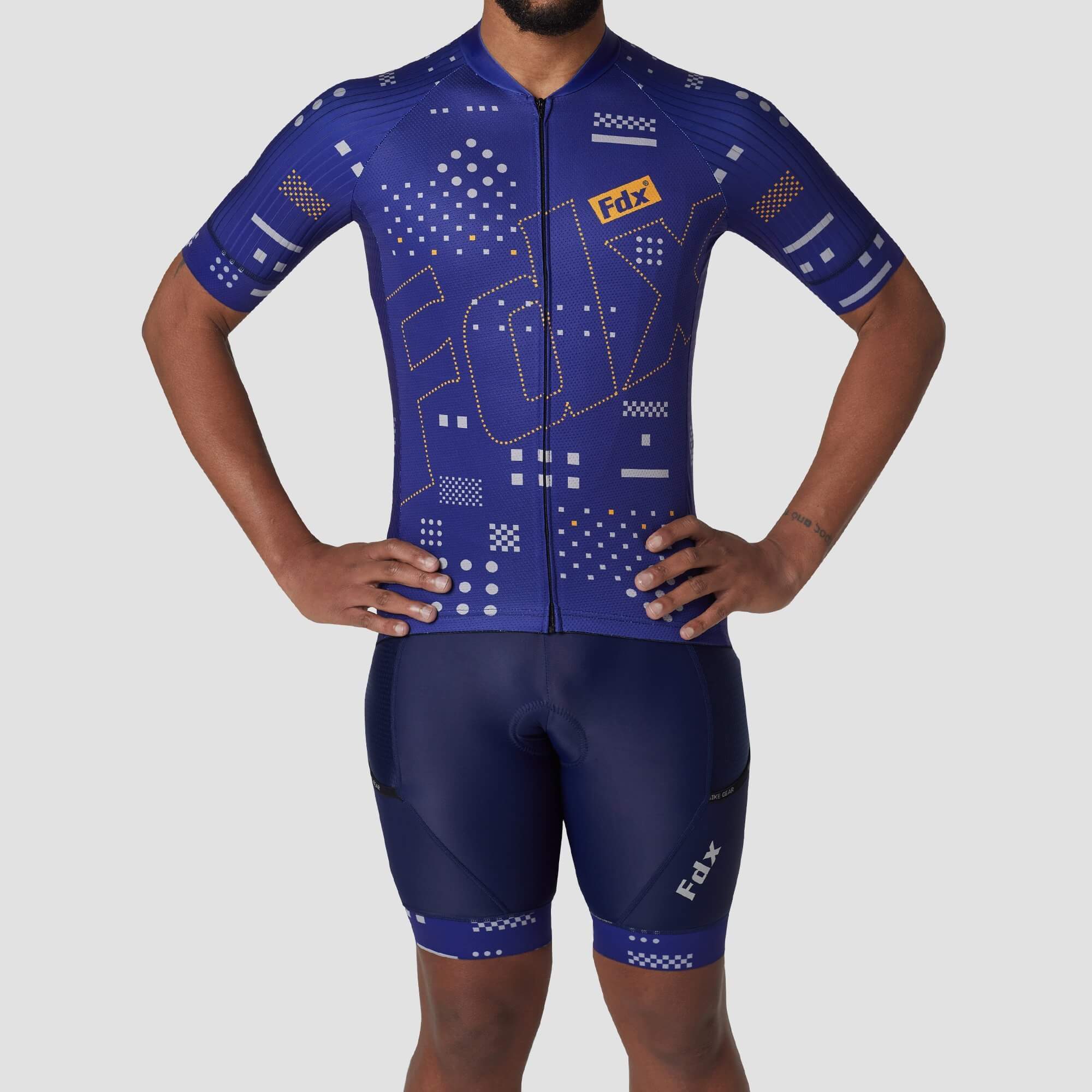 Fdx Mens Blue Sleeve Cycling Jersey & Gel Padded Bib Shorts Best Summer Road Bike Wear Light Weight, Hi-viz Reflectors & Pockets - All Day