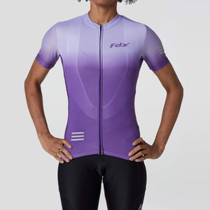 Fdx Women's Short Sleeve Cycling Jersey Purple 3D Cushion Padded Bib Shorts Best Summer Road Bike Wear Light Weight, Hi viz Reflectors & Pockets - Duo