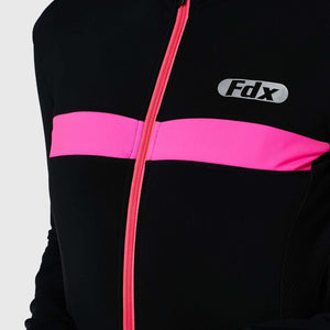 Women's Black & Pink Winter Cycling Suit, Windproof warm Roubaix fleece Clothing, Lightweight bike Set thumb whole cuffs, Long Sleeve Jersey with 3D Padded Bib Tights
