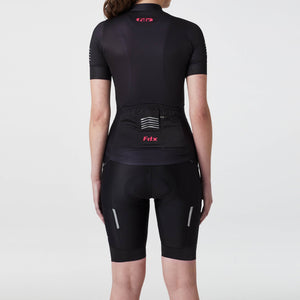 Fdx Women's Best Black Short Sleeve Full Zip Cycling Jersey & Gel Padded Bib Shorts Best Summer Road Bike Wear Light Weight, Hi viz Reflectors & Pockets - Essential