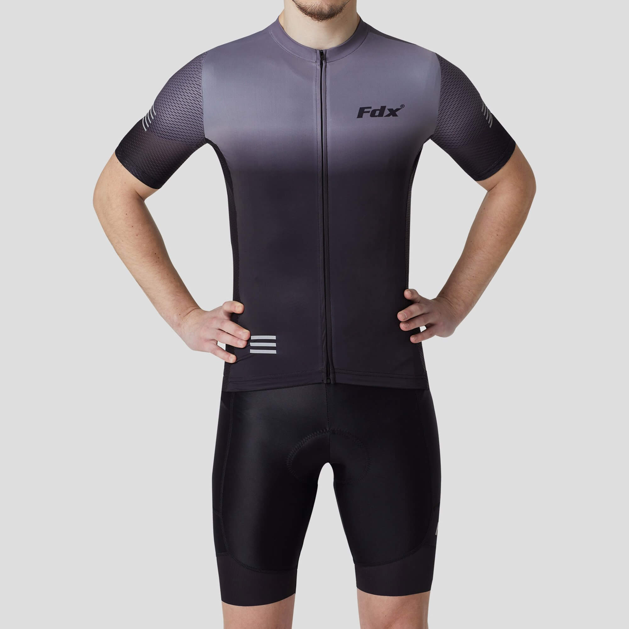 Fdx Mens Grey & Black Half Sleeve Summer Cycling Jersey Breathable lightweght Fabric, Bib Short Hi Viz Reflectors & Full Zipper Cycling Gear Australia