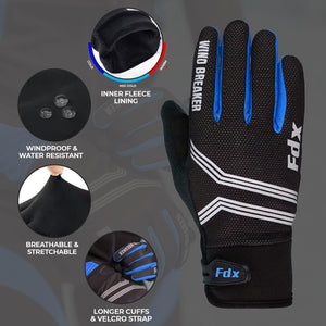 FDX Unisex Blue & Black Full Finger Winter Cycling Gloves - warm windproof anti-slip MTB padded unisex gloves, waterproof touch compatible women racing mitts